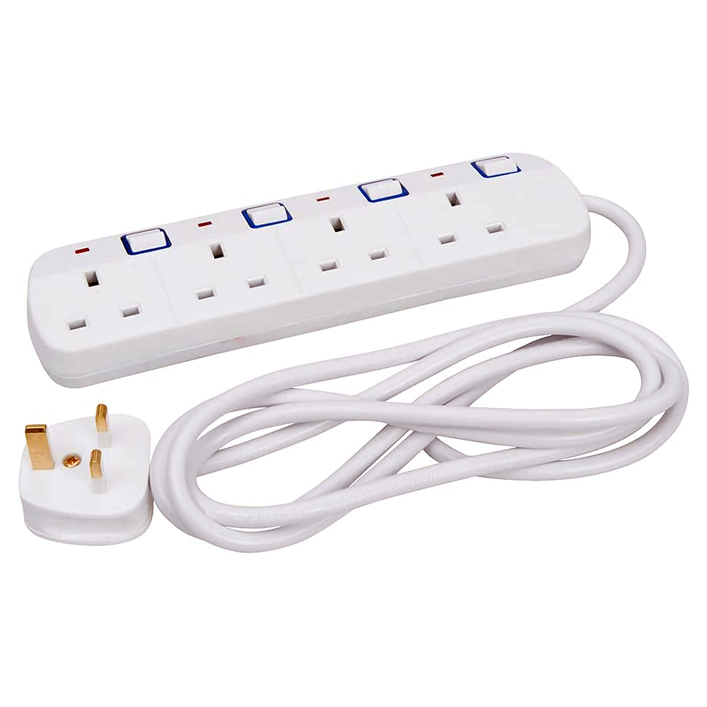 Extension Lead 13A White, 4 Gang + 2 Metres Cable, 4 Switches